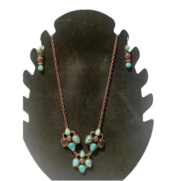 JJ Necklace And Earrings Lot Copper / Bronze Tone And Turquoise Color Boho (J113 - Picture 2 of 7